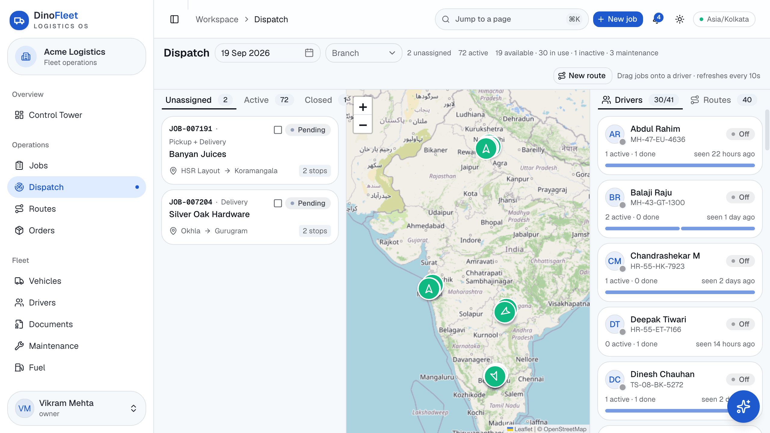 DinoFleet dispatch board with jobs, live map and available drivers